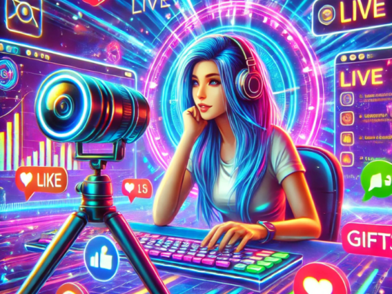 Streamer Bigo Live sedang siaran langsung dengan setup profesional, berinteraksi dengan penonton, menerima gift, dan mendapatkan banyak viewers.